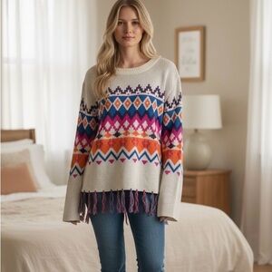 Umgee NWT Fiesta Fringe Geometric Sweater
